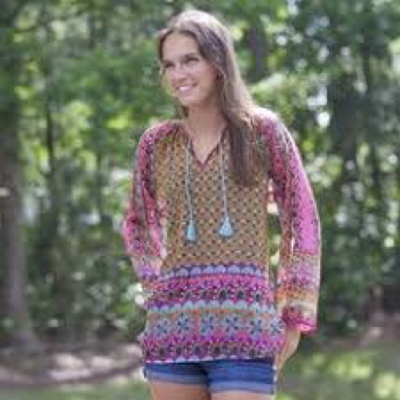 NATURAL LIFE Tops - NATURAL LIFE Pink and Purple Relaxed Tie Front Tunic